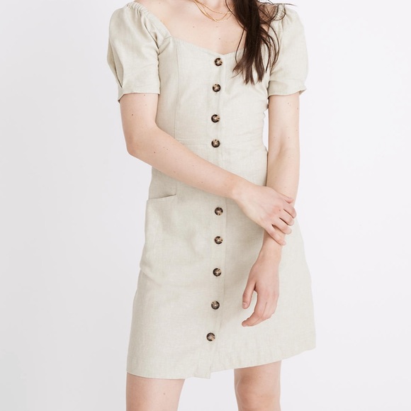 Madewell Dresses & Skirts - Madewell Linen-Cotton Puff-Sleeve Mini Dress in Faded Seagrass
